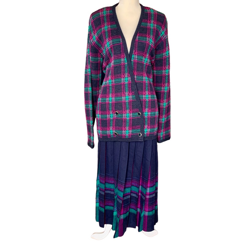 Vintage Pendleton 100% Wool Plaid Cardigan and Pleated Midi Skirt Suit Set